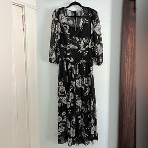 Calvin Klein Black and White Floral Long Sleeve Maxi Dress
